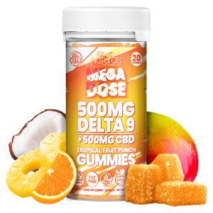 Bottle of Mega Dose Tropical Fruit Punch gummies containing 20 hemp-derived gummies with 25mg Delta-9 THC and 25mg CBD per serving.