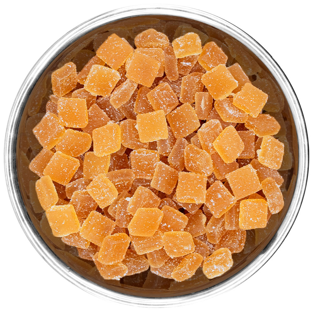 Close-up bowl filled with Mega Dose Tropical Fruit Punch hemp gummies showcasing their chewy texture and colorful fruit-flavored appearance.