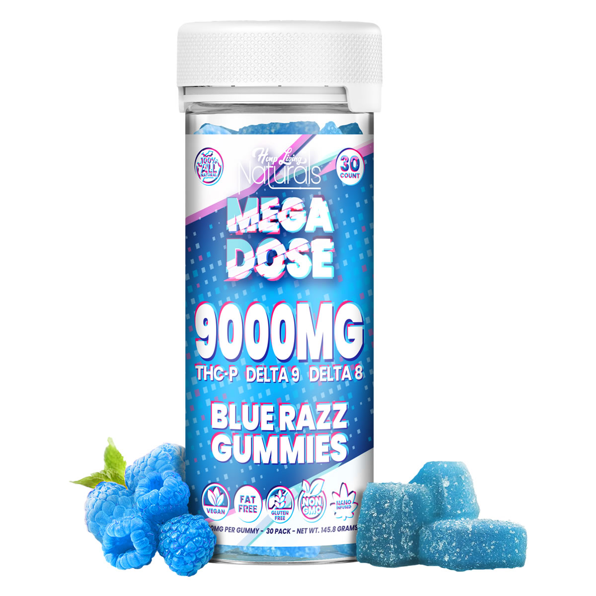 Bottle of Mega Dose 300mg hemp gummies in Blue Razz flavor containing 30 high-potency vegan gummies.