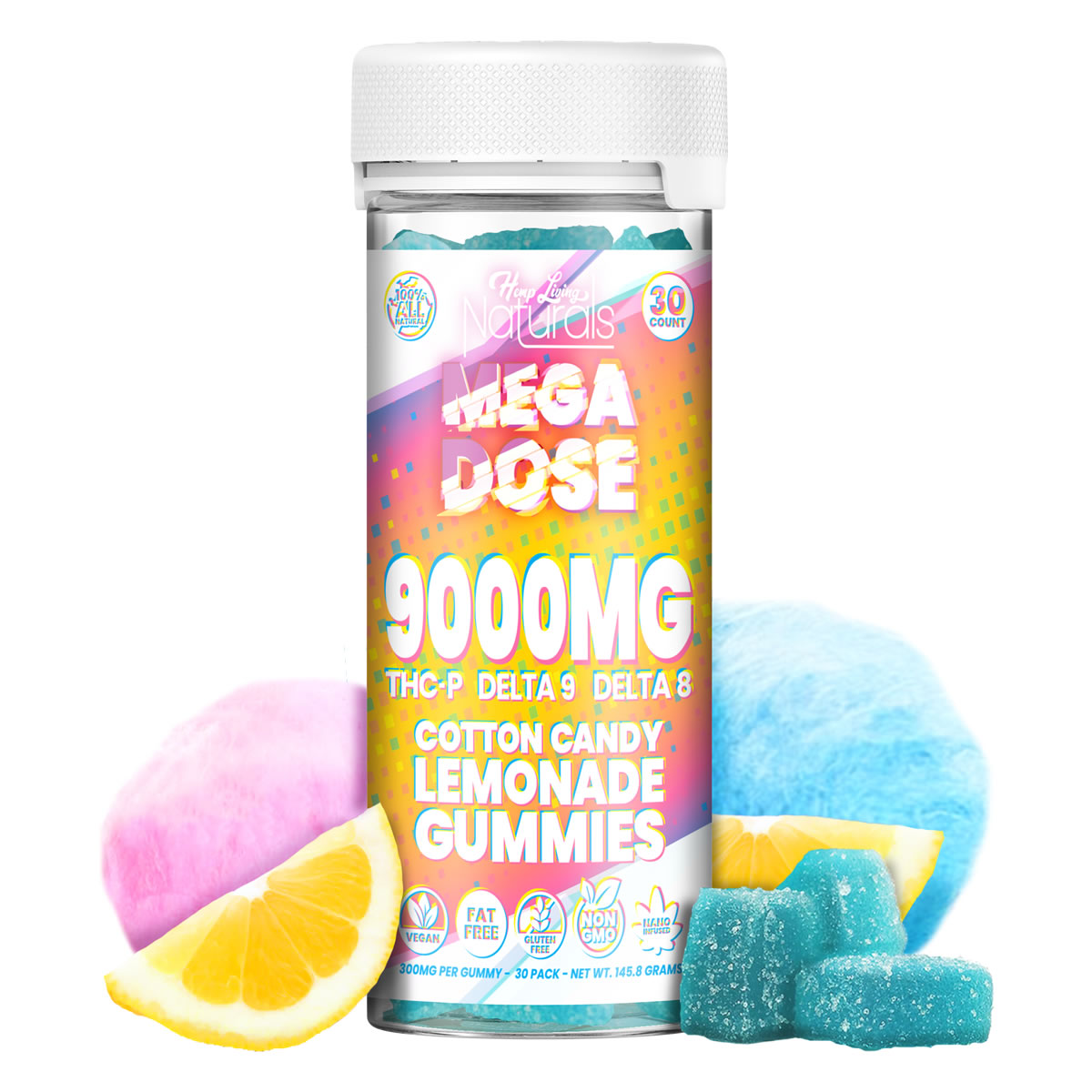 Bottle of Mega Dose 300mg hemp gummies in Cotton Candy Lemonade flavor containing 30 high-potency vegan gummies.