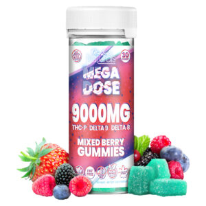 Bottle of Mega Dose 300mg hemp gummies in Mixed Berry flavor containing 30 high-potency vegan gummies.