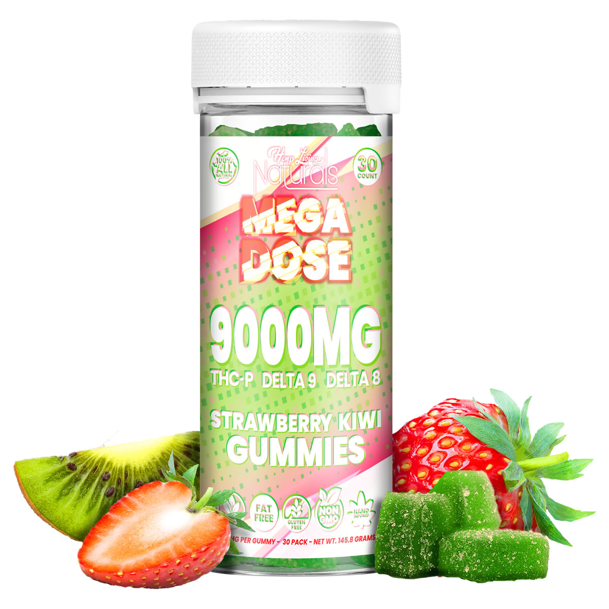 Bottle of Mega Dose 300mg hemp gummies in Strawberry Kiwi flavor containing 30 high-potency vegan gummies.