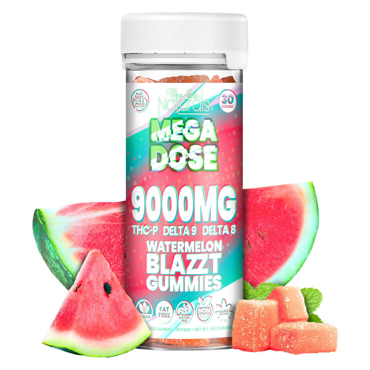 Bottle of Mega Dose 300mg hemp gummies in Watermelon flavor containing 30 high-potency vegan gummies.