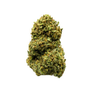 Close-up of Green Crack THCA Flower featuring dense, frosty green buds with vibrant orange pistils and a tropical citrus terpene profile.