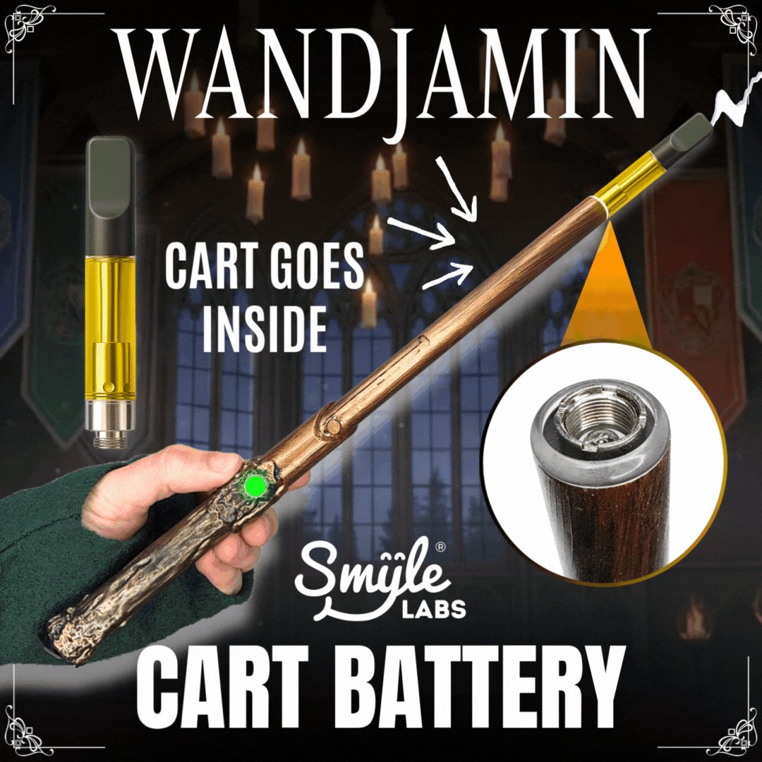 Wandjamin disguised cart battery in brown wood finish and black — life-size magic wand vape battery by Smyle Labs