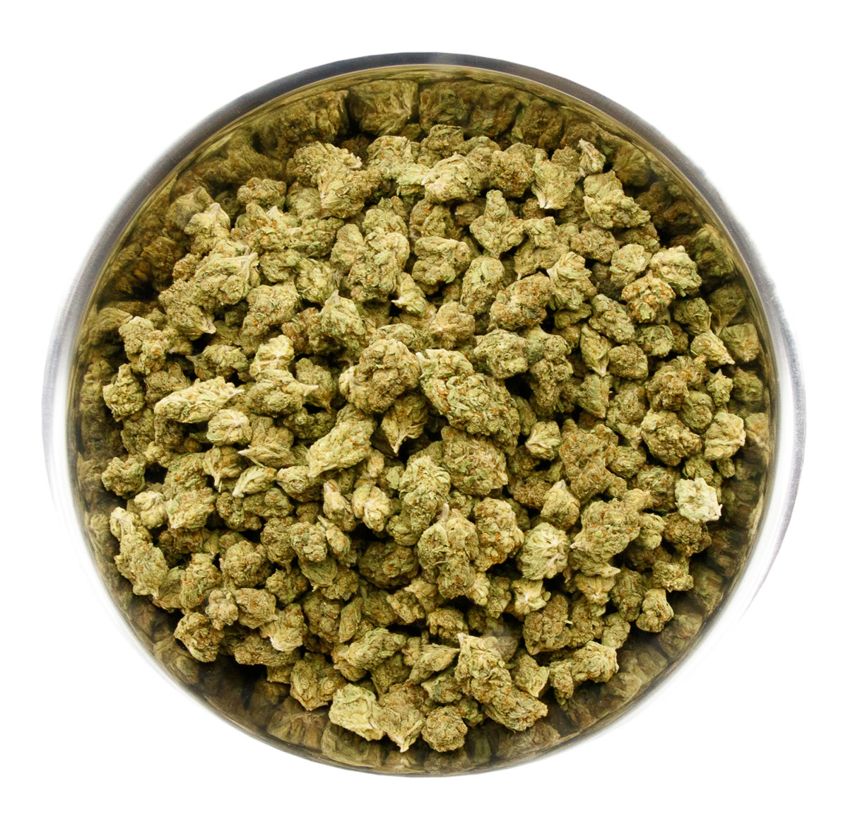 Bowl filled with Tangerine Dream THCA flower buds showcasing frosty green nugs and bright orange pistils.