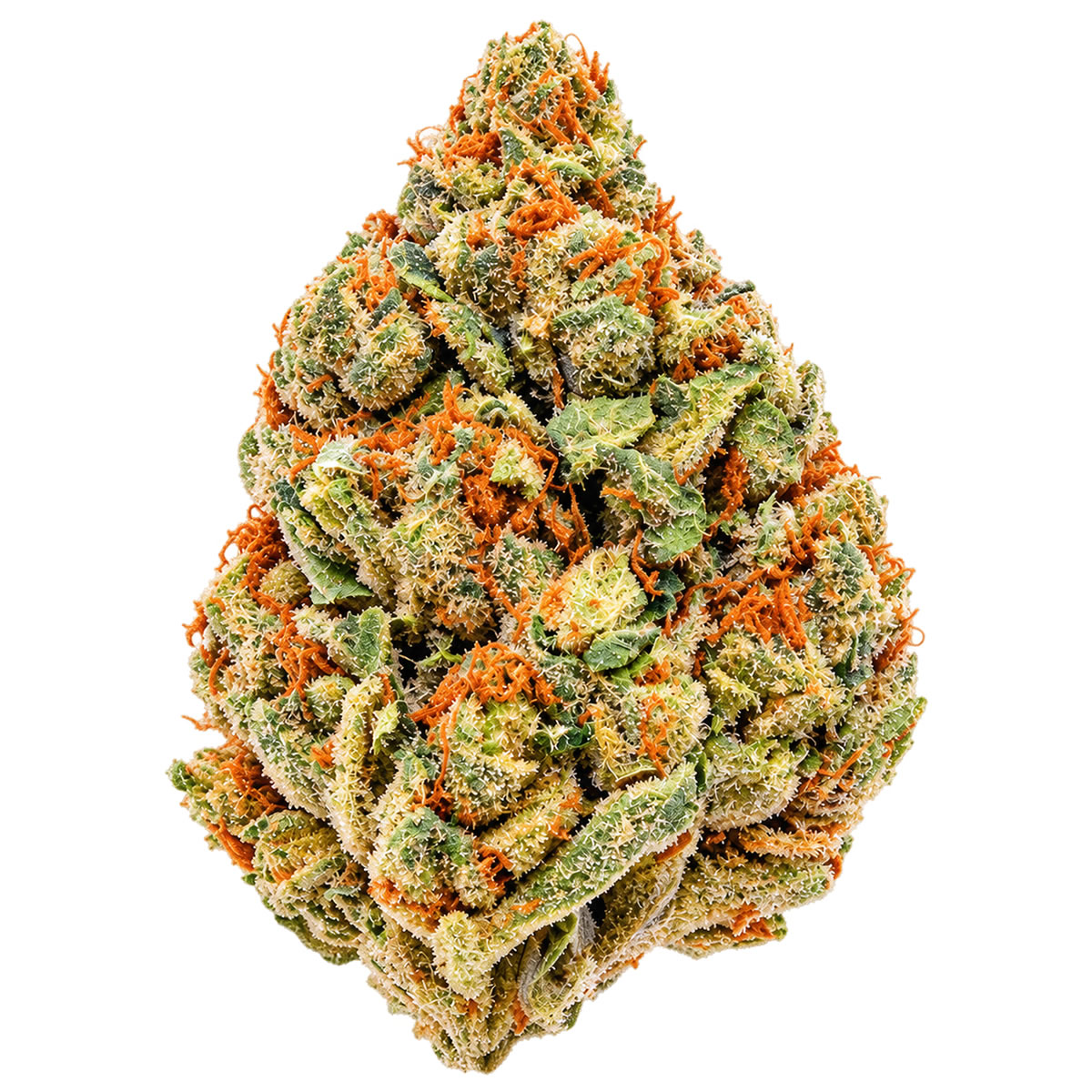 Tangerine Dream THCA flower bud featuring dense green nugs, frosty trichomes, and vibrant orange pistils.